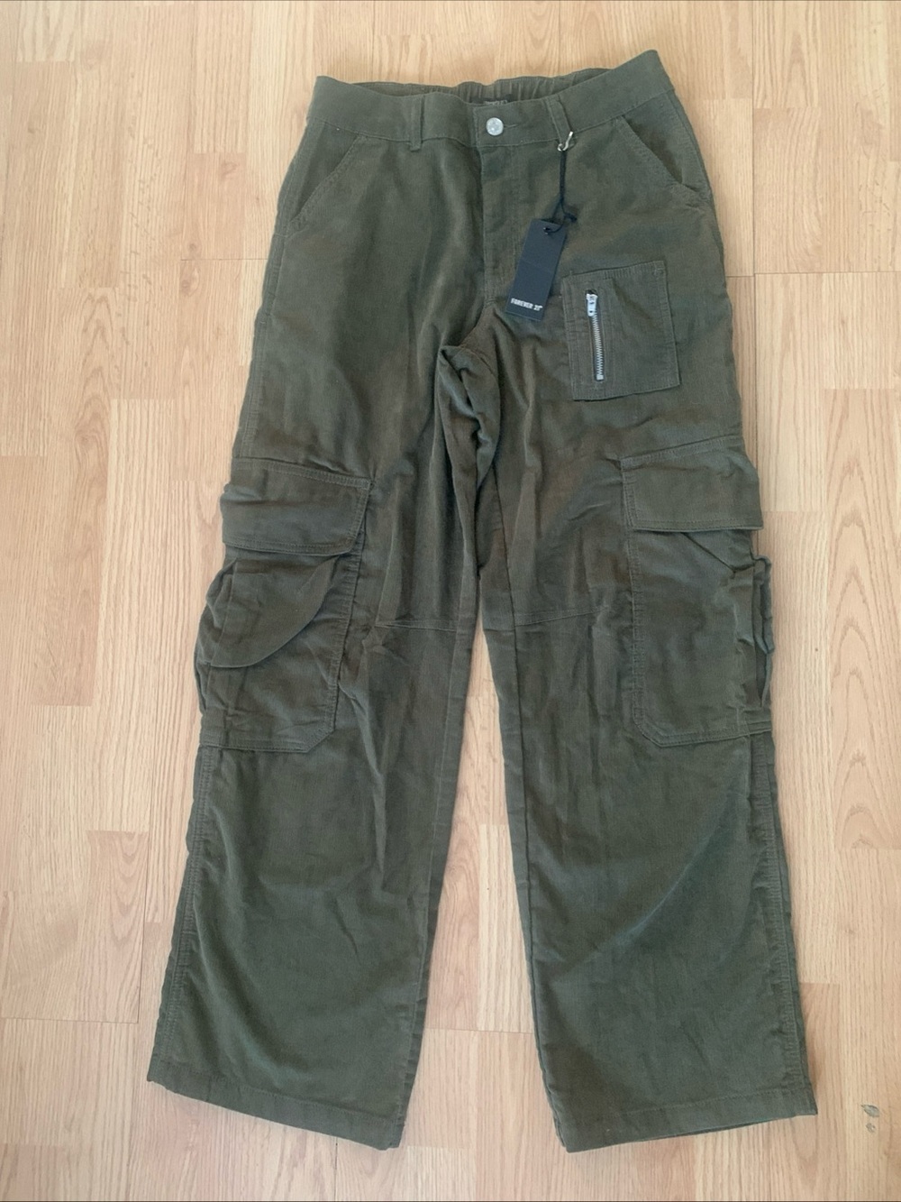Forever 21 Olive Green Corduroy Straight Leg Cargo Pants Hippie Elastic Waist S